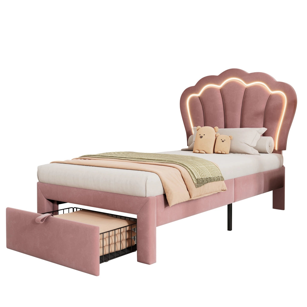 Letto Singolo Imbottito con Cassetti e LED ¨C MINIMAL ¨C Velluto Rosa 90x200
