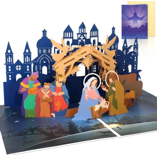 Cartoline 3D di Natale - Presepe - Busta - Carta Bianca - Auguri Felici - Dimensioni 20 x 15 cm - Cartoline di Auguri