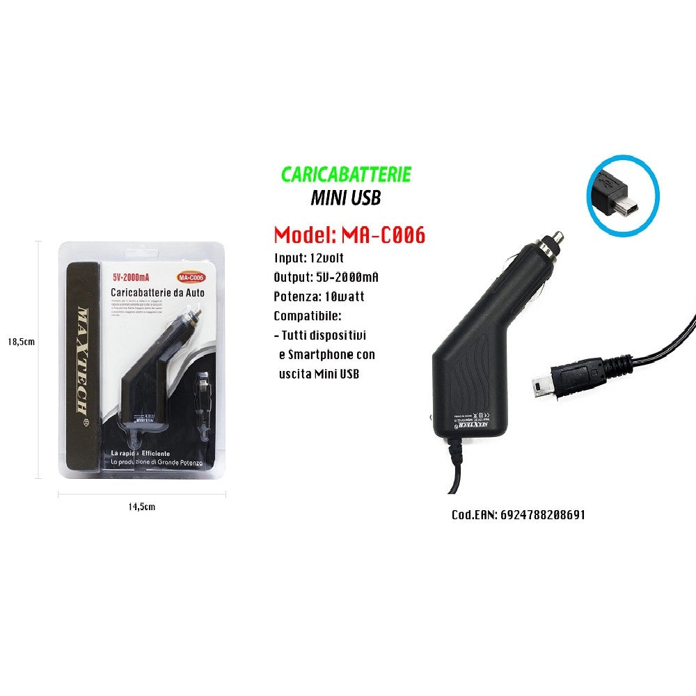Trade Shop - Caricabatteria Caricatore Usb Da Auto Ricarica Smartphone 5v-2000ma Maxtech Ma-c006 -