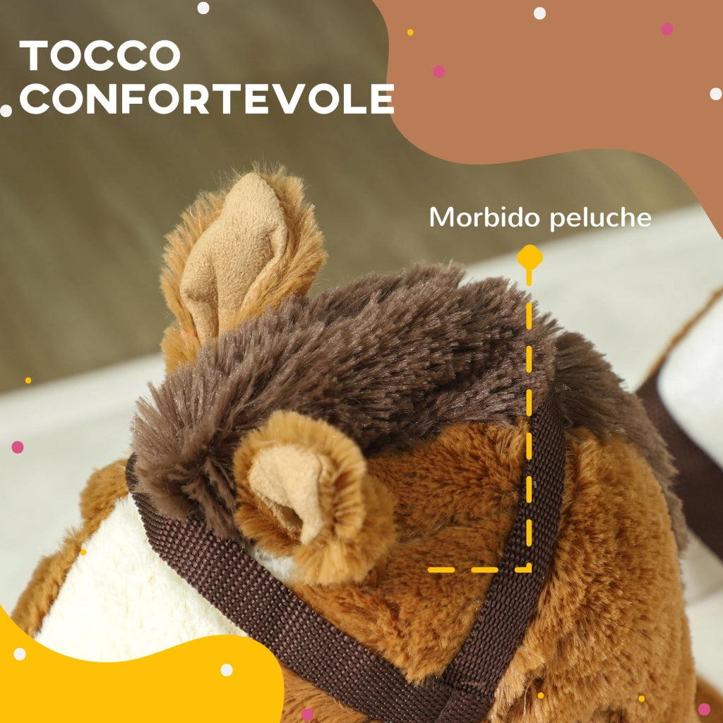 Cavallo a Dondolo per Bambini in Legno e Peluche Cavallo Marrone