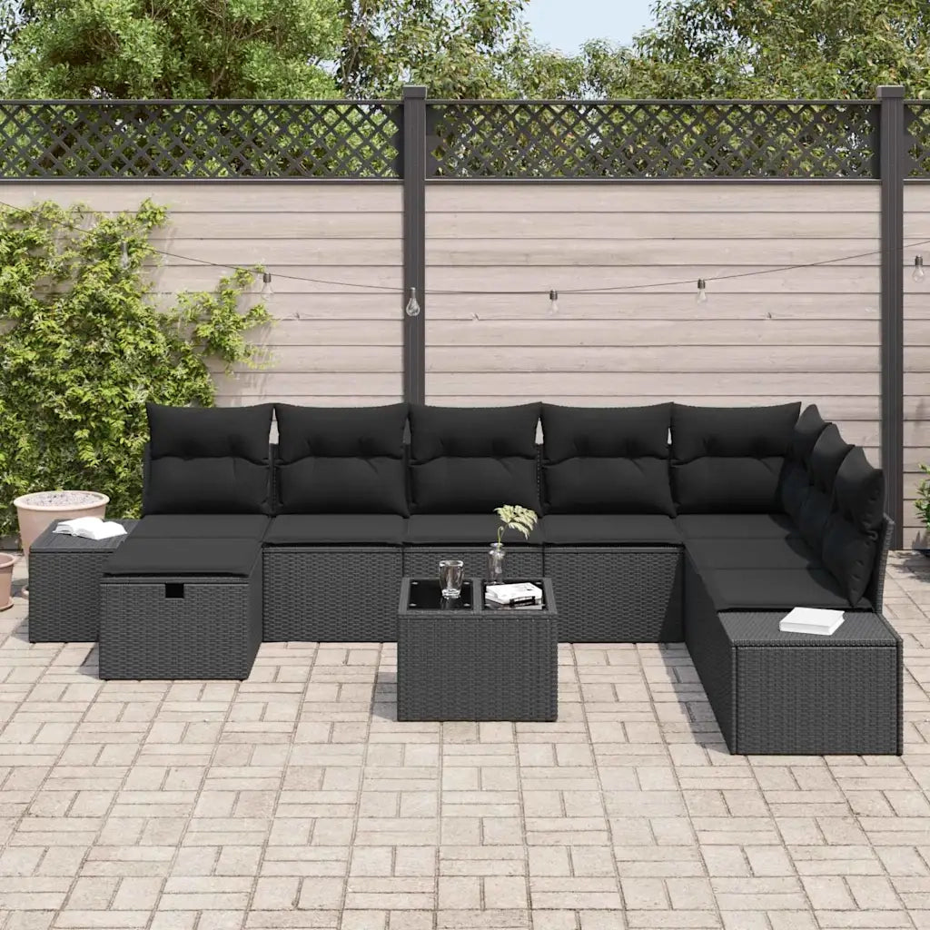 Set Divano da Giardino con cuscino 9 pcs Nero polyrattan