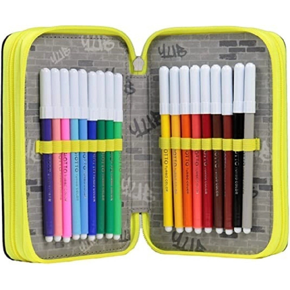 Trade Shop - Astuccio Triplo 3 Cerniere Yub Murales Black Accessorio Scuola Portapastelli -