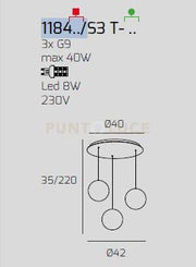 SOSPENSIONE CROMO 3 LUCI TONDA VETRI 2X FU + 1X BR 1184CR-S3 T-FB