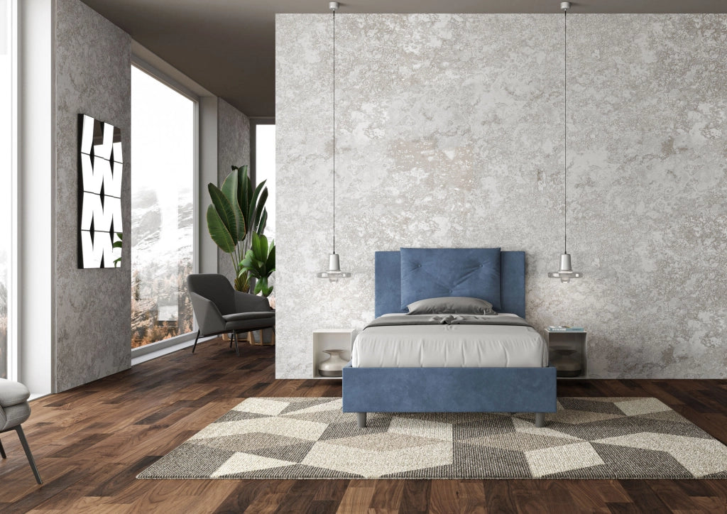 BS COM Letto una piazza e mezza con rete imbottito 120x210 microfibra blu
