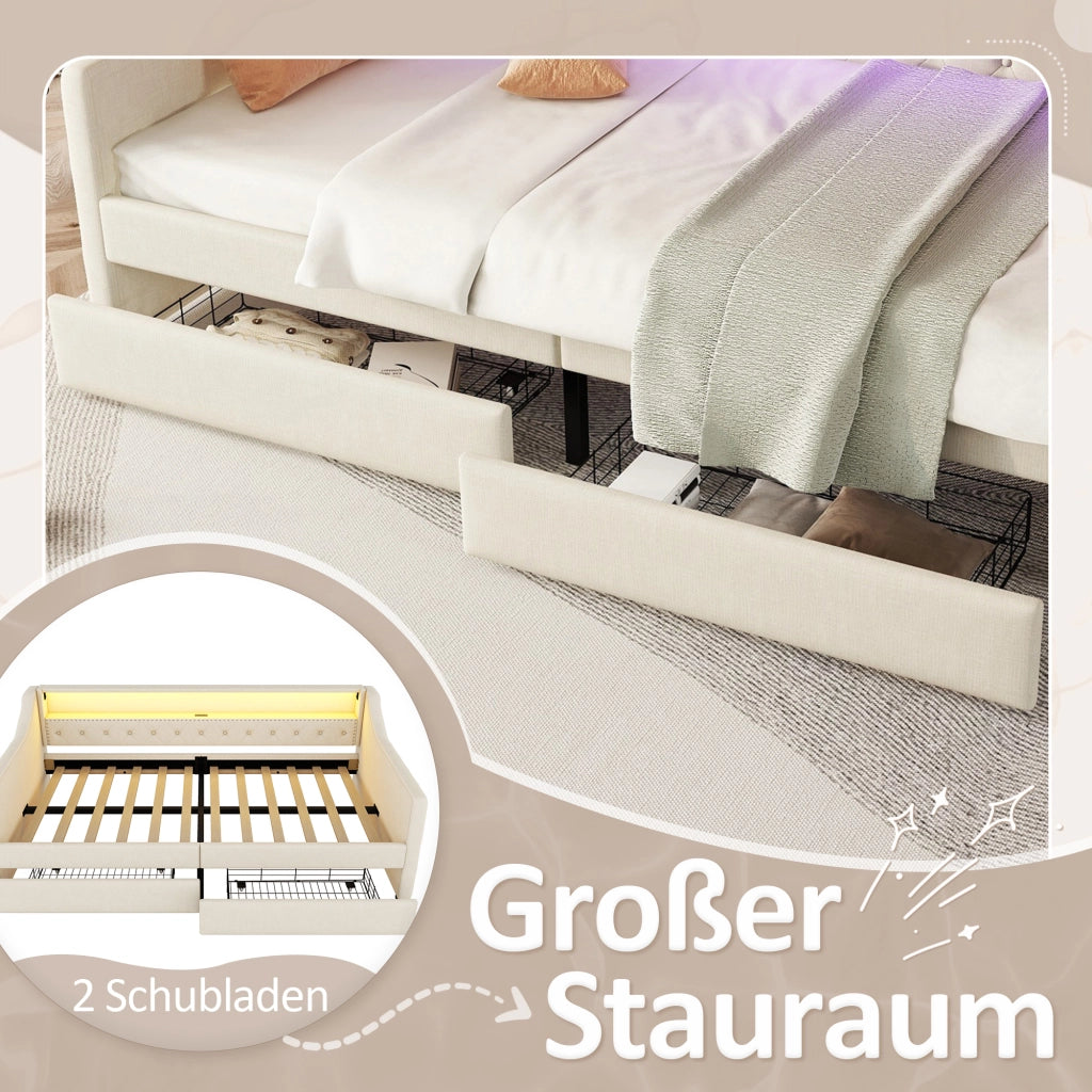 Letto con cassetti 90 × 200 cm con rete a doghe LED USB in lino e MDF beige