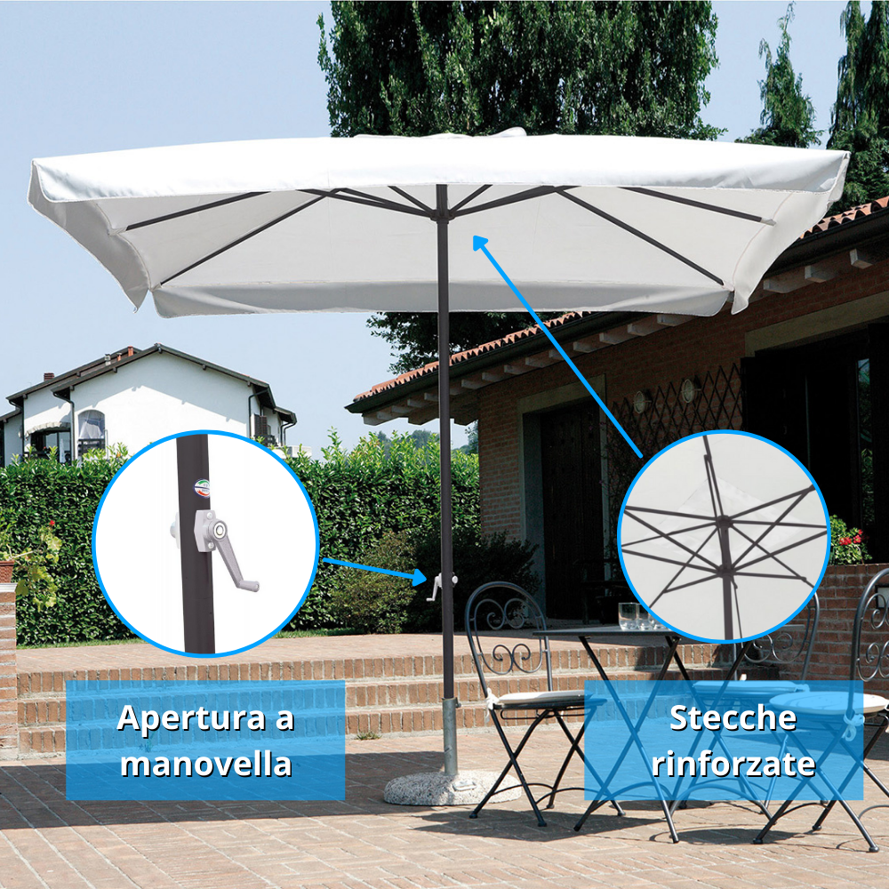 Ombrellone quadrato da giardino 3x3 mt con palo centrale in ferro e telo ecrù 180gr Tomaino 5007
