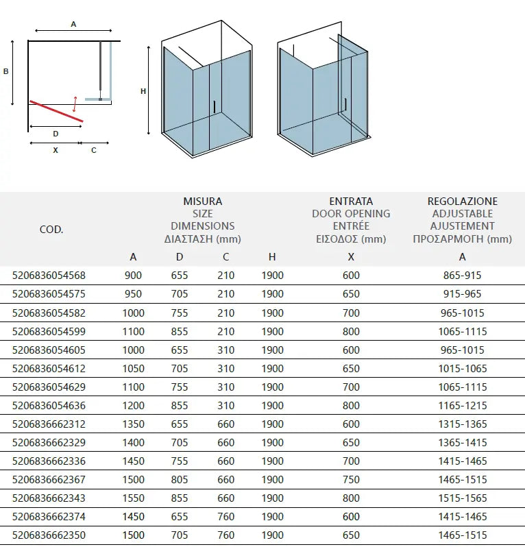 Box Doccia H190 Anta Battente Cristallo 6mm - 90x110 - Ingresso 75 - Antina 31