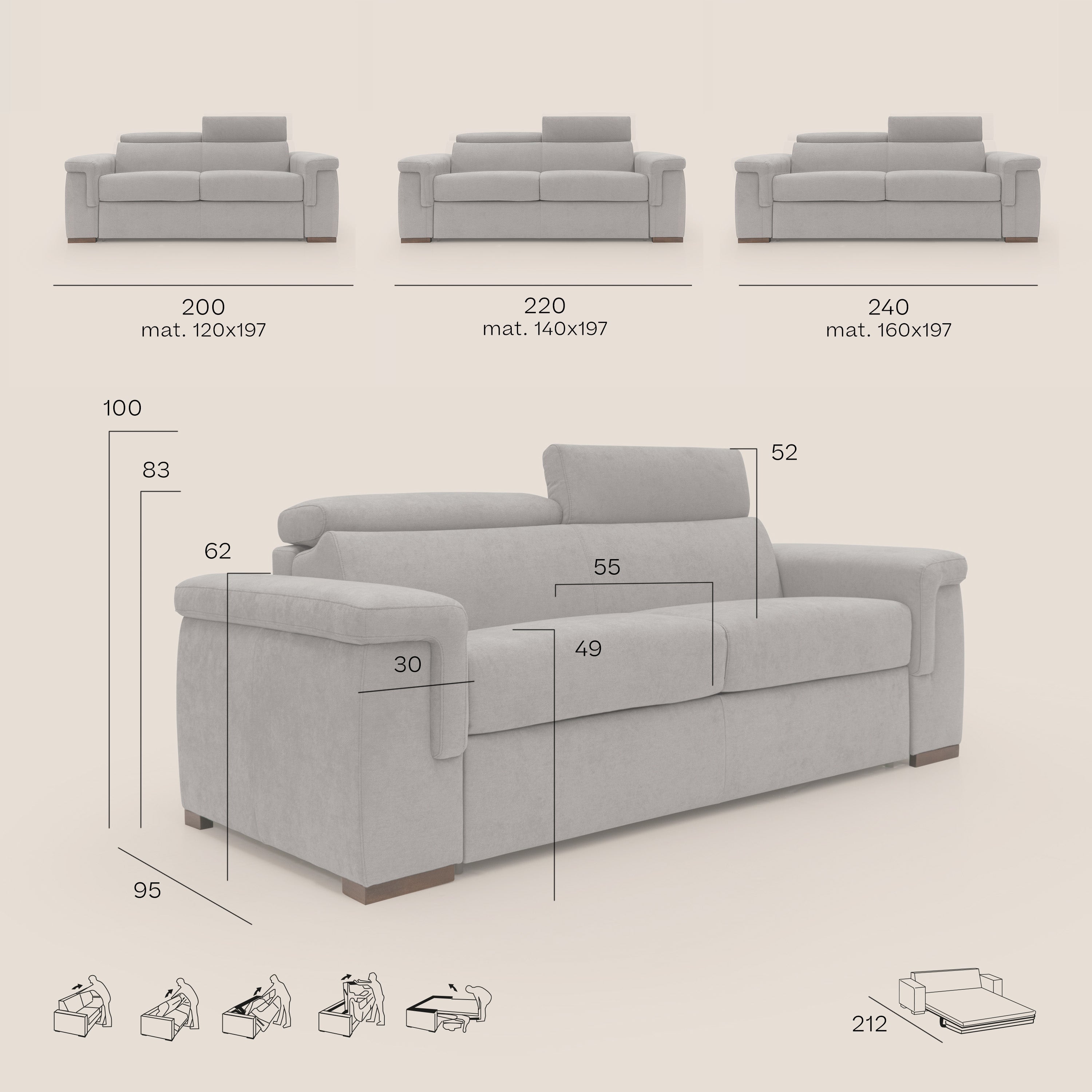 Divano Letto 3 Posti 200x100x95 cm in Tessuto Rosa