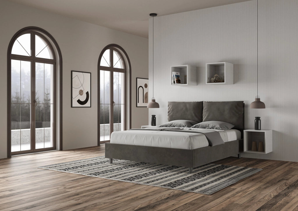 BS COM Letto matrimoniale senza rete imbottito 160x200 microfibra grigio