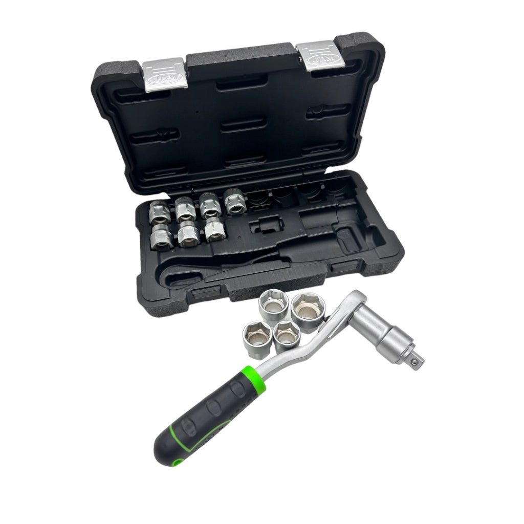 Cassetta di Utensili JBM Go Trough con Cricchetto Salva Spazio Reversibile – Set da 14 pezzi per perni lunghi e bussole esagonali