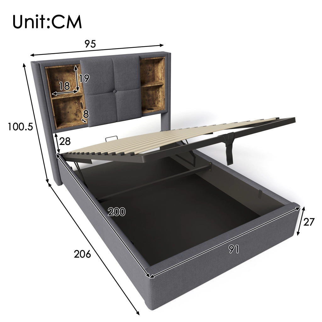 LETTO Contenitore 90x200 cm Grigio in cotone con ricarica wireless USB-C