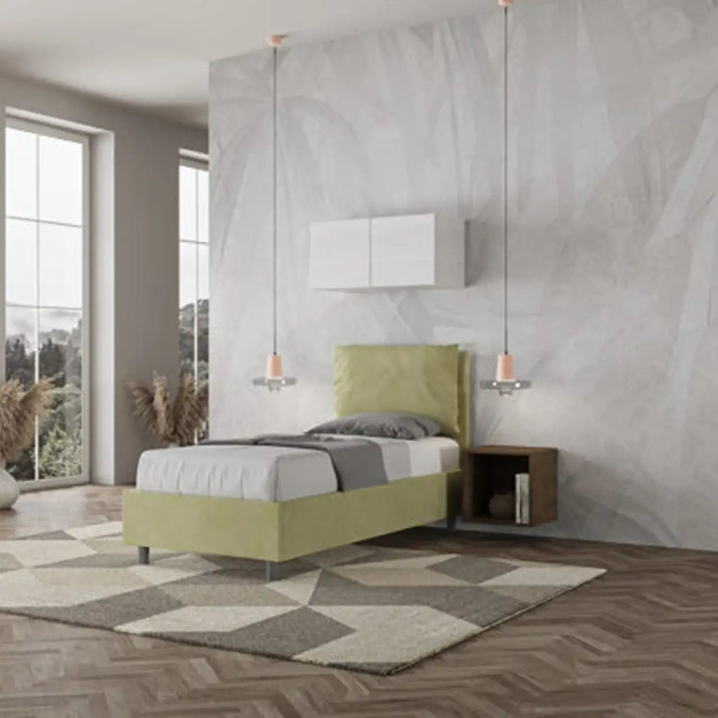 Letto singolo con rete imbottito 80x190 microfibra tè verde Antea