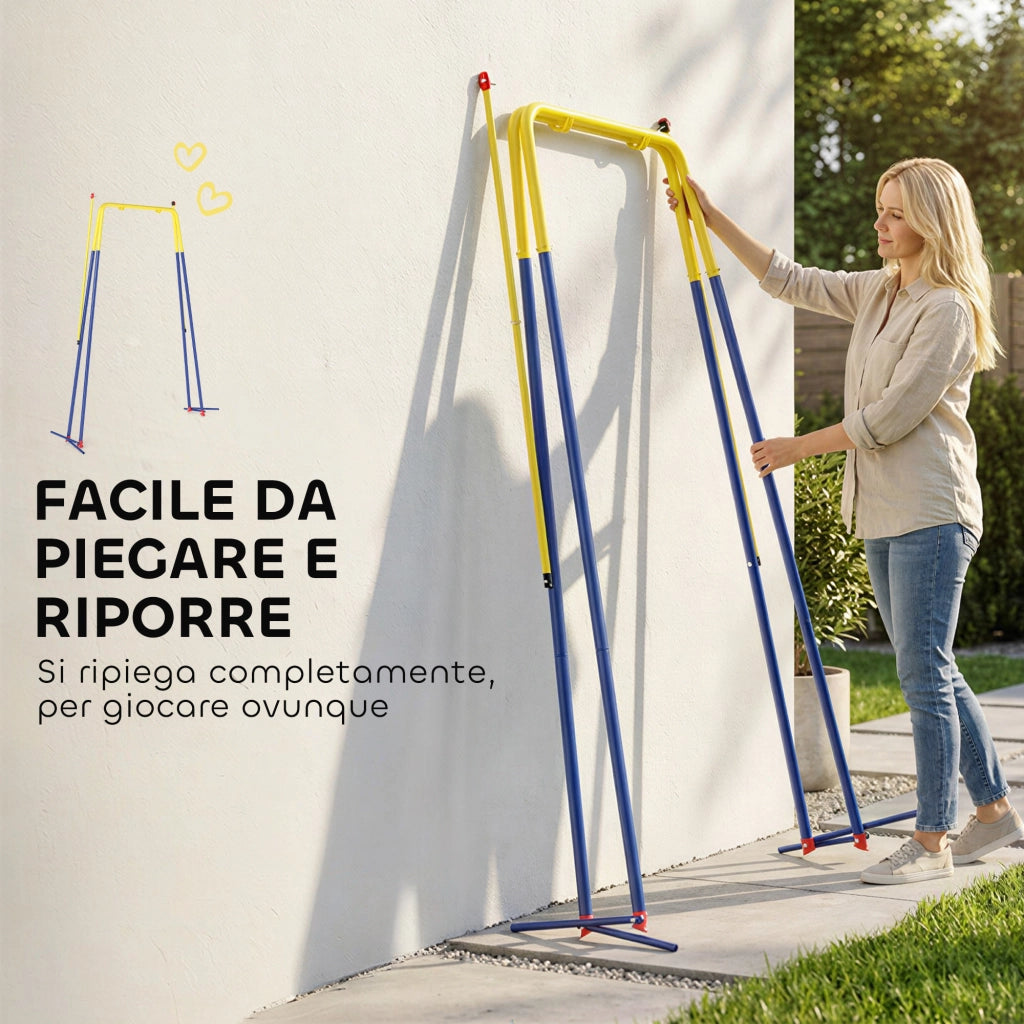 Struttura per Altalena da Giardino 128x155x157 cm con 2 Ganci in Acciaio Giallo e Blu