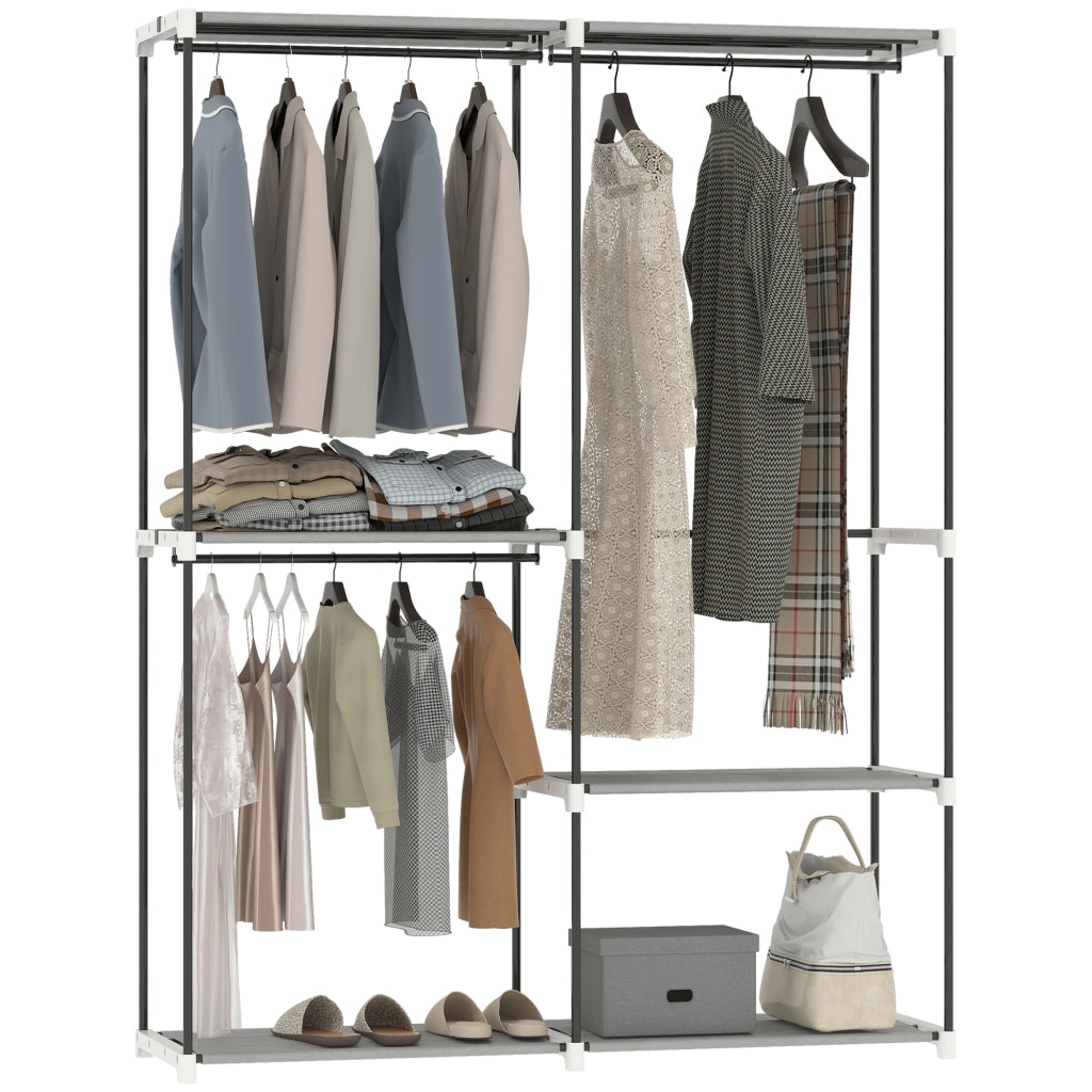 Armadio guardaroba aperto ¨C Xylo ¨C 4 ripiani in tessuto, 3 barre appendiabiti, struttura in metallo, grigio chiaro, 142x43x185 cm