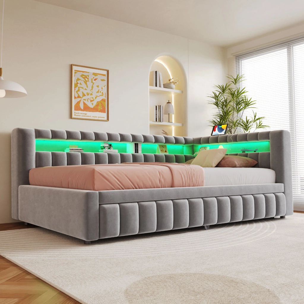 LETTO imbottito estraibile 90x200 cm in velluto grigio chiaro