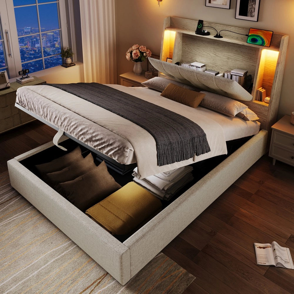 Letto Imbottito con LED e Contenitore ¨C MINIMAL ¨C Lino Beige 90x200