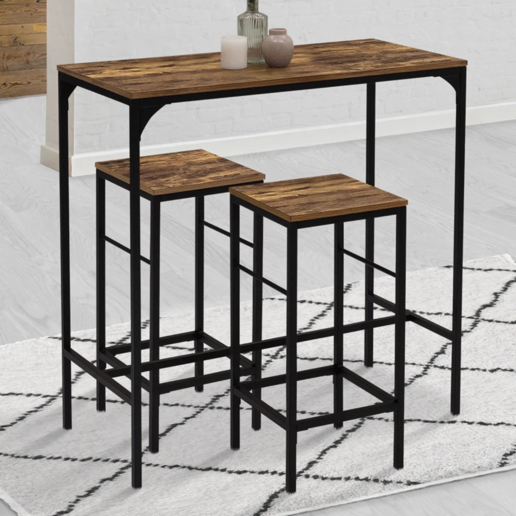 IDMarket - Tavolo da bar e 4 sgabelli DAYTON, alti 100 cm, in legno scuro con effetto distressed e design industriale nero