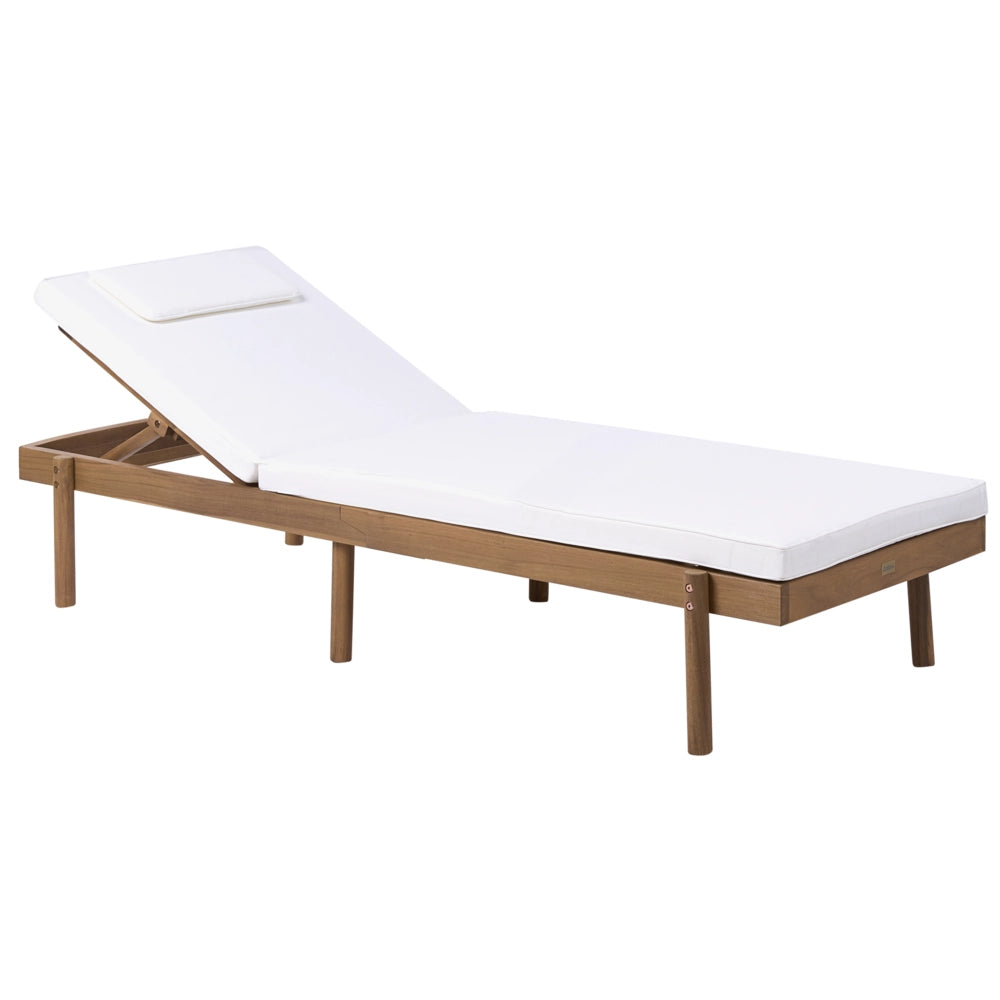 Sdraio marrone chiaro in legno di acacia certificato con cuscino bianco, seduta pieghevole, per giardino, patio e balcone