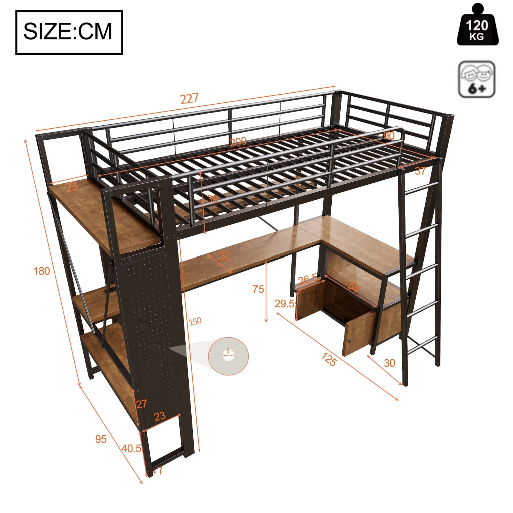 Letto a Soppalco con Scrivania e LED ¨C MINIMAL ¨C Nero 90x200 cm