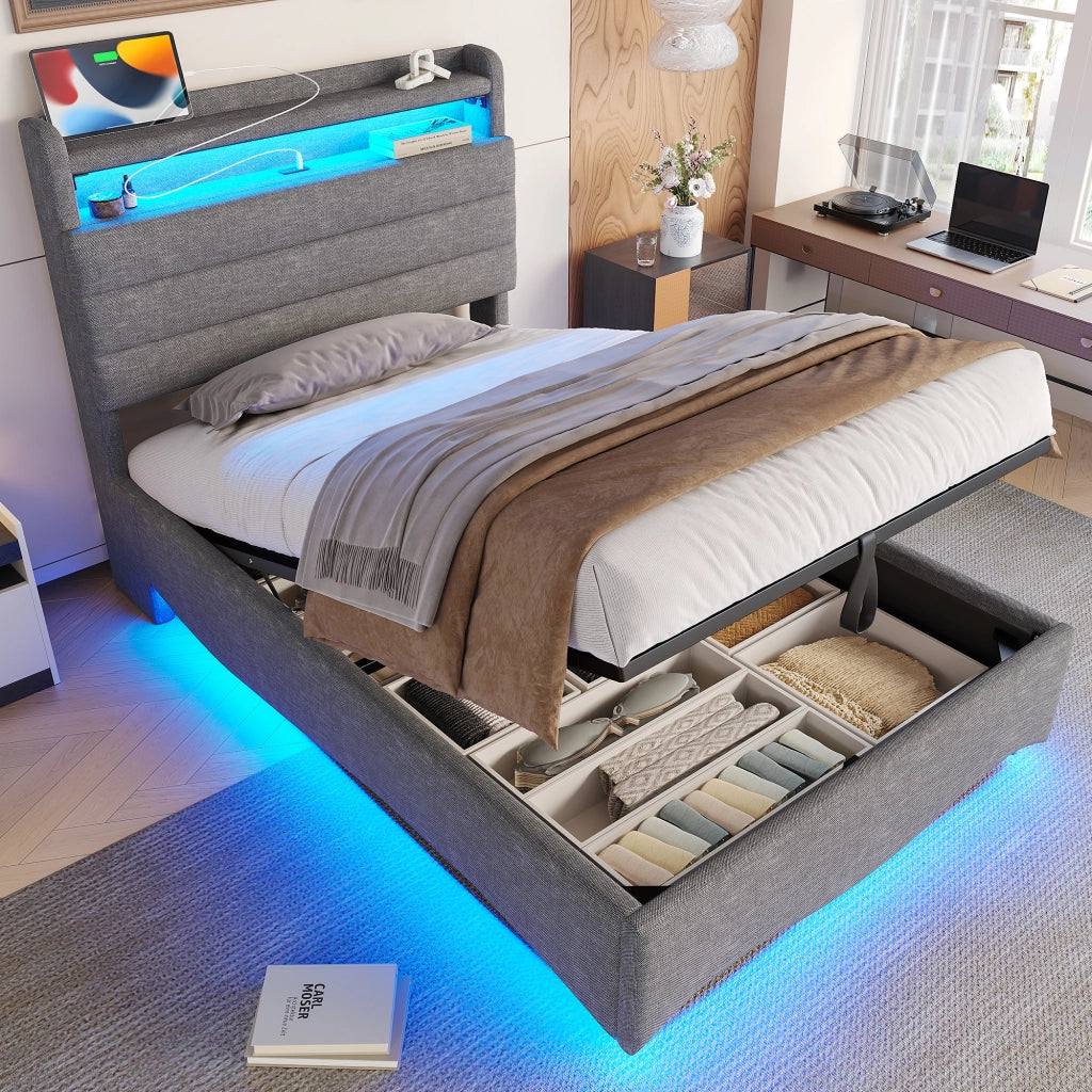 LETTO Contenitore 90x200 cm in Lino Grigio con LED, USB e Type-C