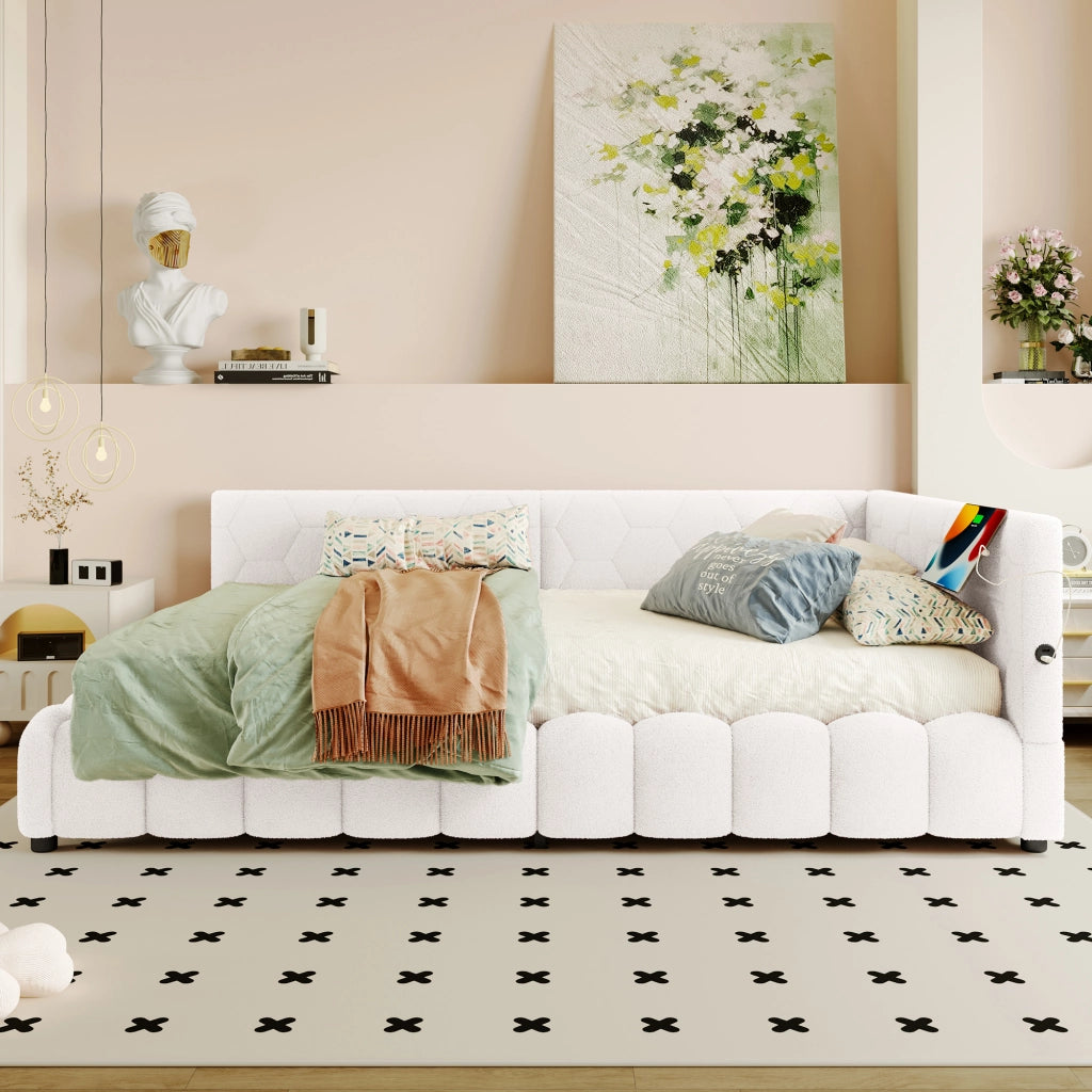 LETTO Contenitore 140x200 cm in velluto bianco con LED, USB e Tipo-C