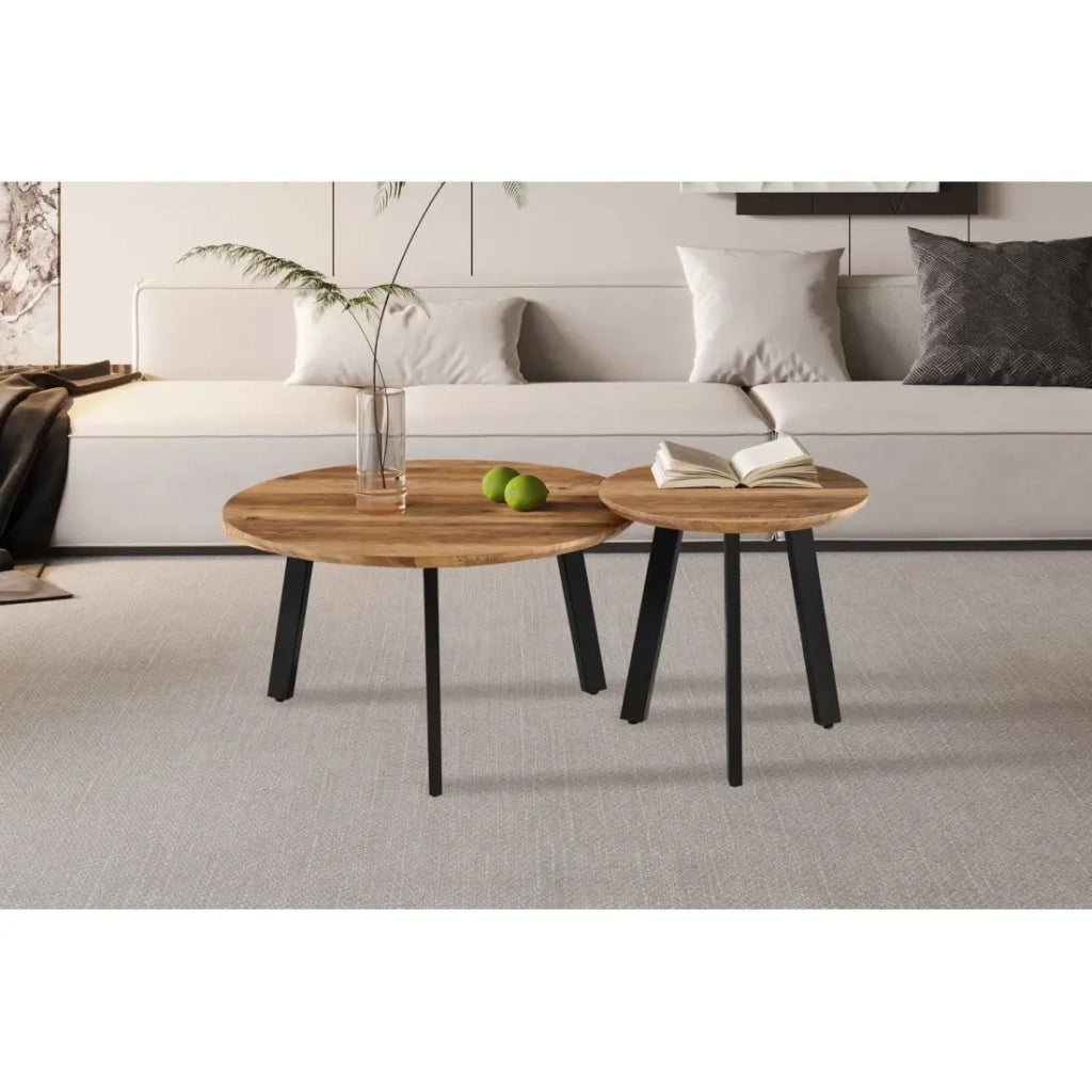 Set di 2 tavolini TUNIS - Colore legno di mango - MDF & metallo - Stile industriale e armonioso