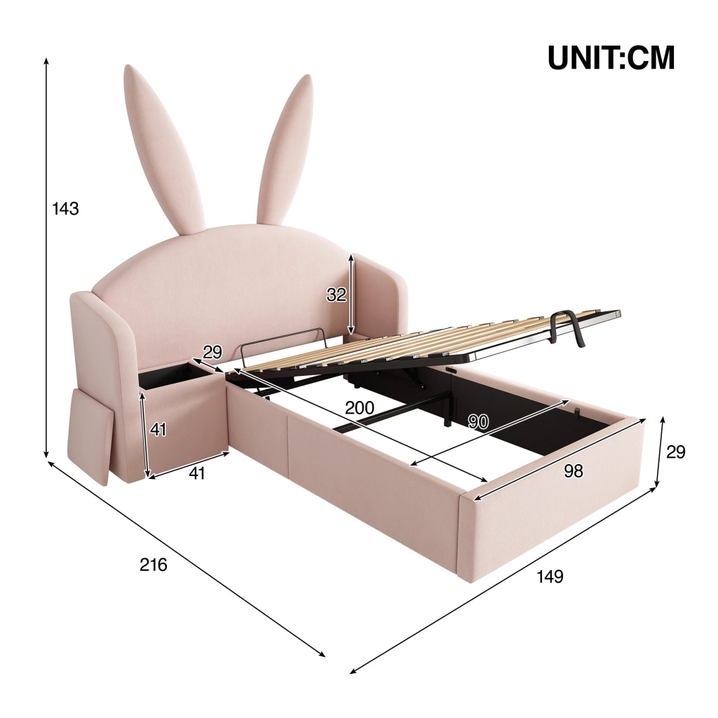 LETTO imbottito 90x200 cm Rosa in velluto con comodino laterale e contenitore