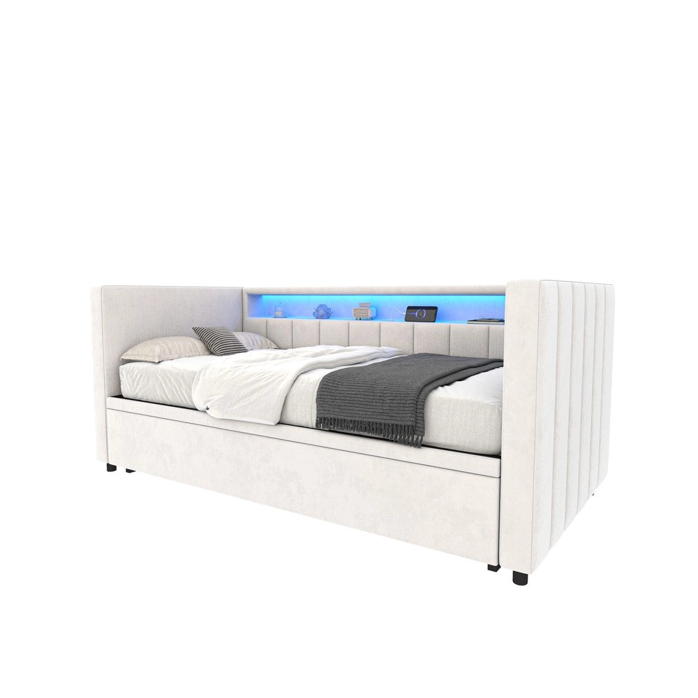 Divano Letto Contenitore 90x190 ¨C MINIMAL ¨C Velluto Beige, LED, USB
