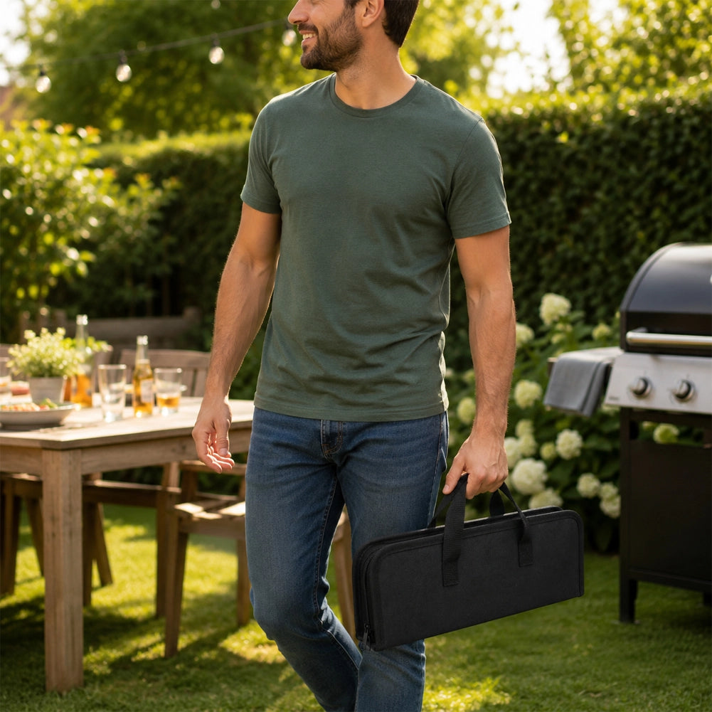 Set 4 Pezzi Accessori per Barbecue con Valigetta Pieghevole con Manico in Legno