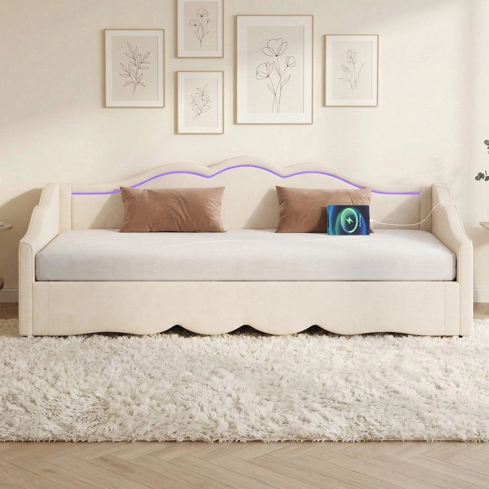Letto a giorno - Zephmum-90x200 cm, estendibile a 180 cm, LED, USB, velluto beige