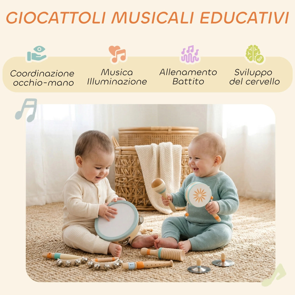 Strumenti Musicali per Bambini Set Percussioni Montessori in Legno Aracione e Celeste