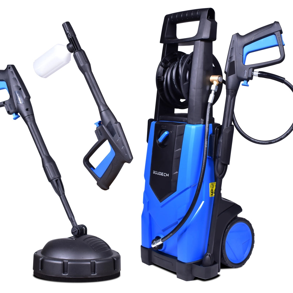 BOUDECH - ADVANCED 2500 - Idropulitrice elettrica 2500W Max 180Bar 500L/h con avvolgitubo ad alta pressione di 5MT, funzione detergente ed accessorio lava pavimenti.