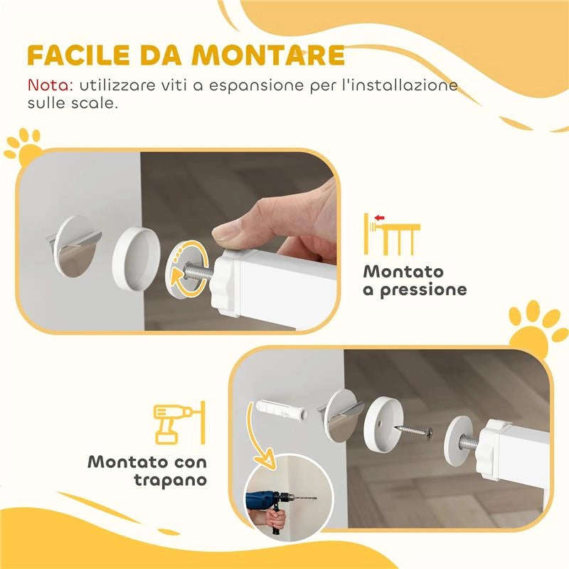 CANCELLETTO PER CANI ESTENSIBILE E REGOLABILE PER SCALE E PORTE, IN ACCIAIO E ABS, 75-85X76 CM, BIANCO