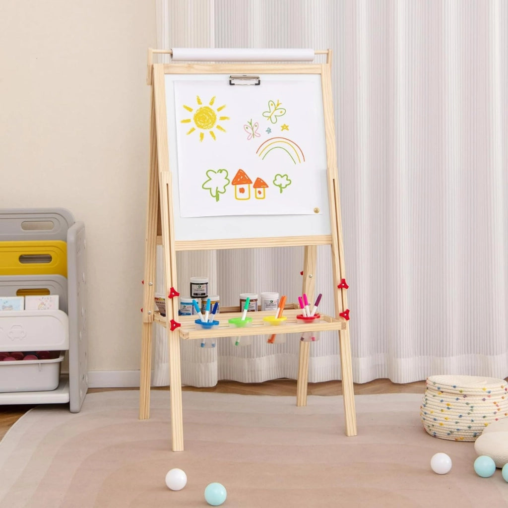 Cavalletto 3 in 1 per bambini di 3-10 anni, Cavalletto doppia faccia regolabile con lavagna magnetica Naturale-Cavalletti e lavagne bambini