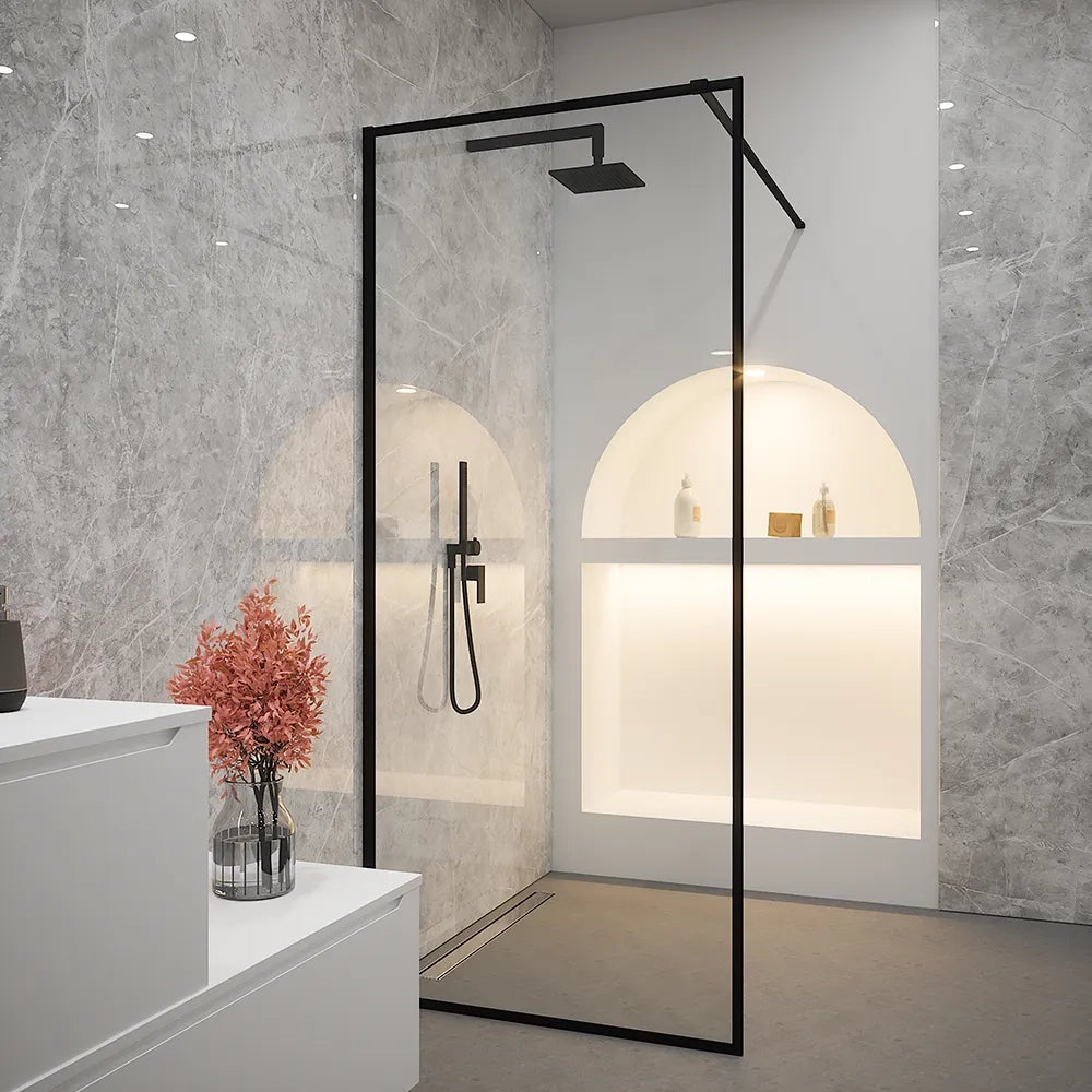 Doccia walk-in full frame 110 cm vetro trasparente profili neri | Rodi