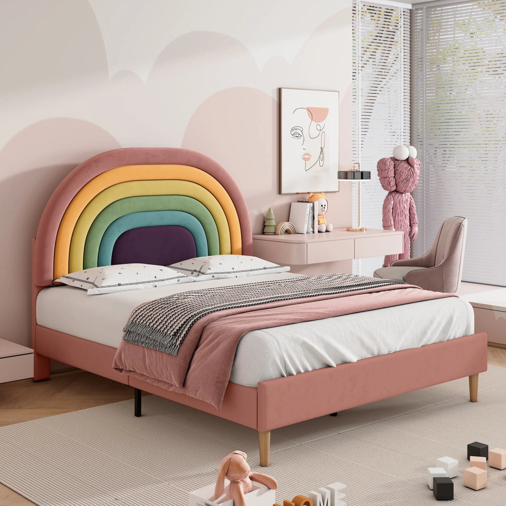 Letto imbottito 140x200 cm in velluto rosa con rete a doghe, testiera regolabile e struttura robusta