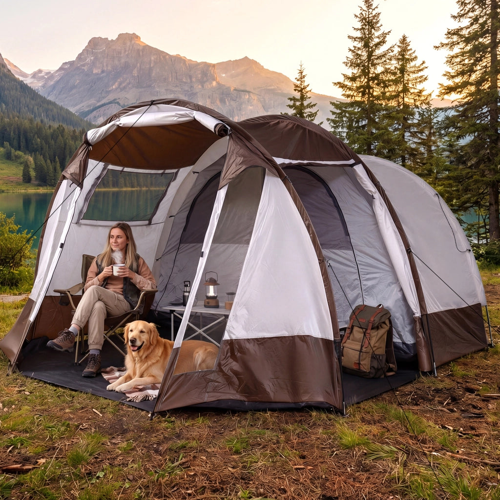 Tenda da campeggio con finestre ventilata picchetti e borsa da trasporto, Tenda a tunnel familiare impermeabile per 4-6 persone