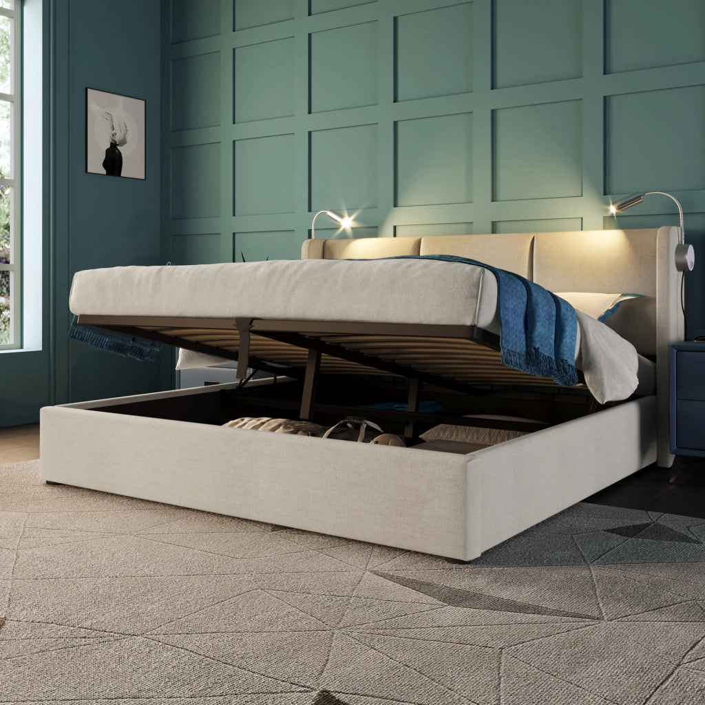 LETTO Contenitore 140x200 cm Beige in lino con luce lettura e ricarica USB