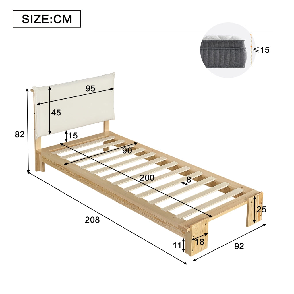 LETTO Imbottito 90x200 cm Naturale con schienale imbottito