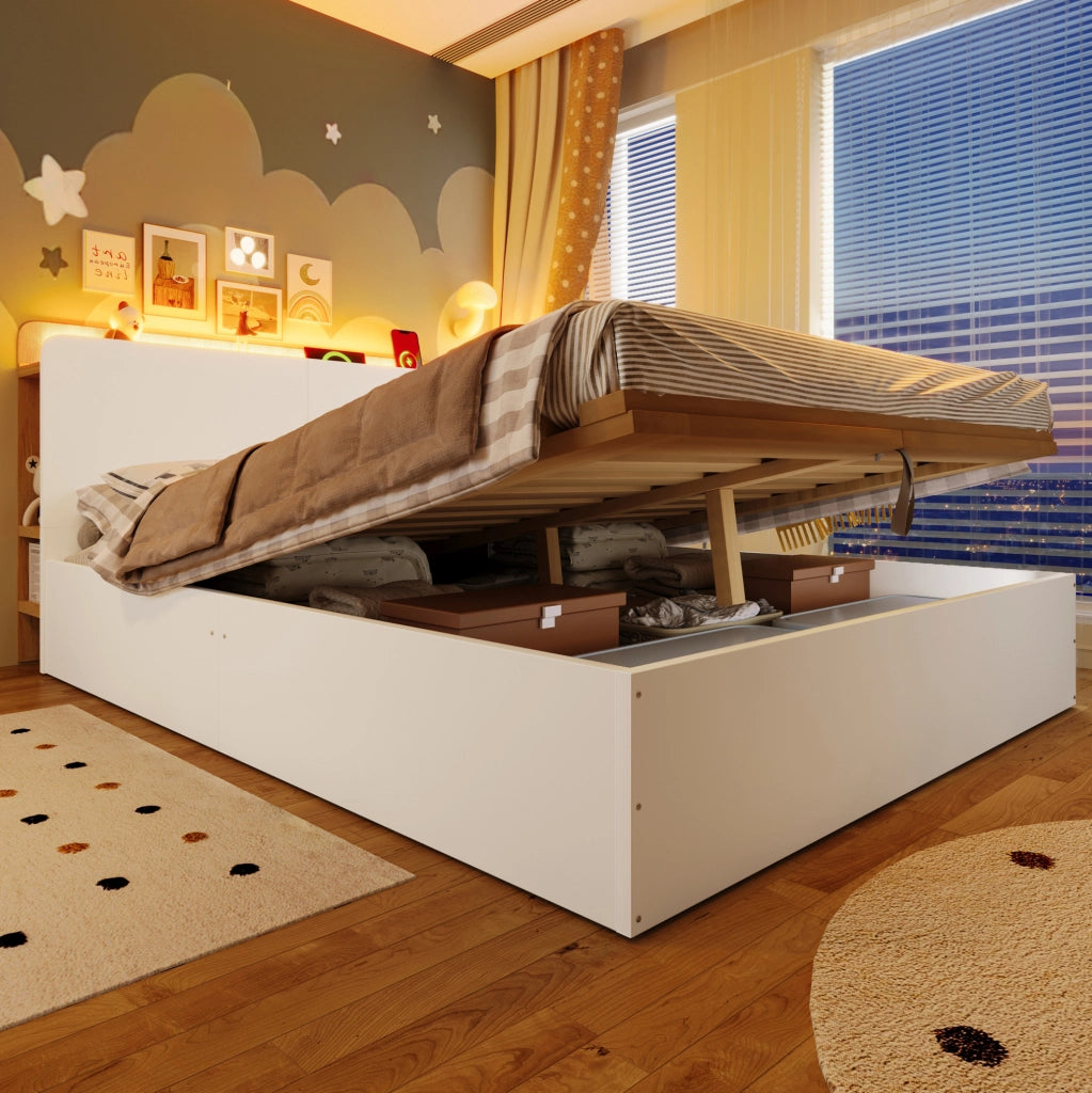 Letto contenitore idraulico 140x200 cm con USB, LED e comodino integrato