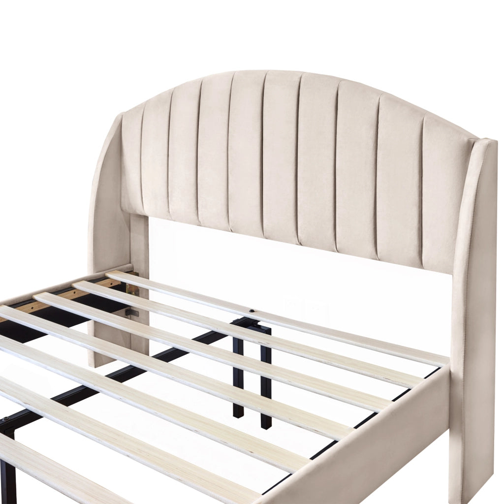 OKWISH Letto Imbottito 140×200 cm, Letto Matrimoniale con Testiera Imbottita e Piedini 20 cm, senza Materasso, in Velluto, Beige