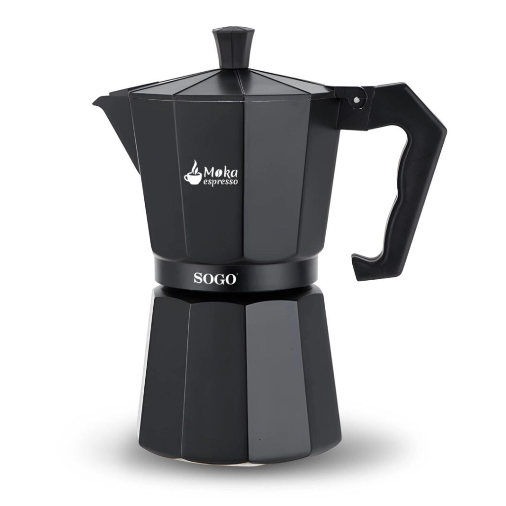 Caffettiera moka 6 tazze in alluminio nero per induzione gas e vetroceramica, manico ergonomico per espresso - Sogo