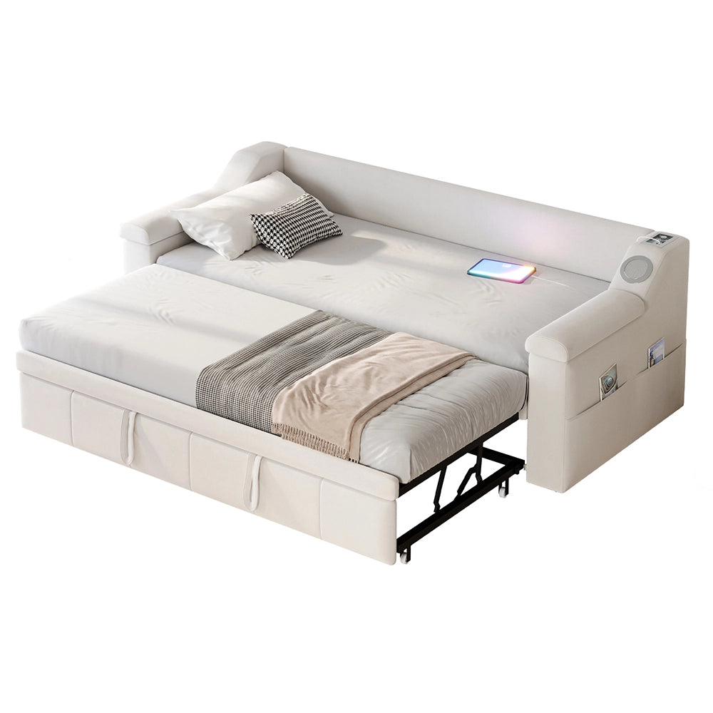 Divano letto-Xylo-90x190 cm-Bluetooth, USB, velluto beige