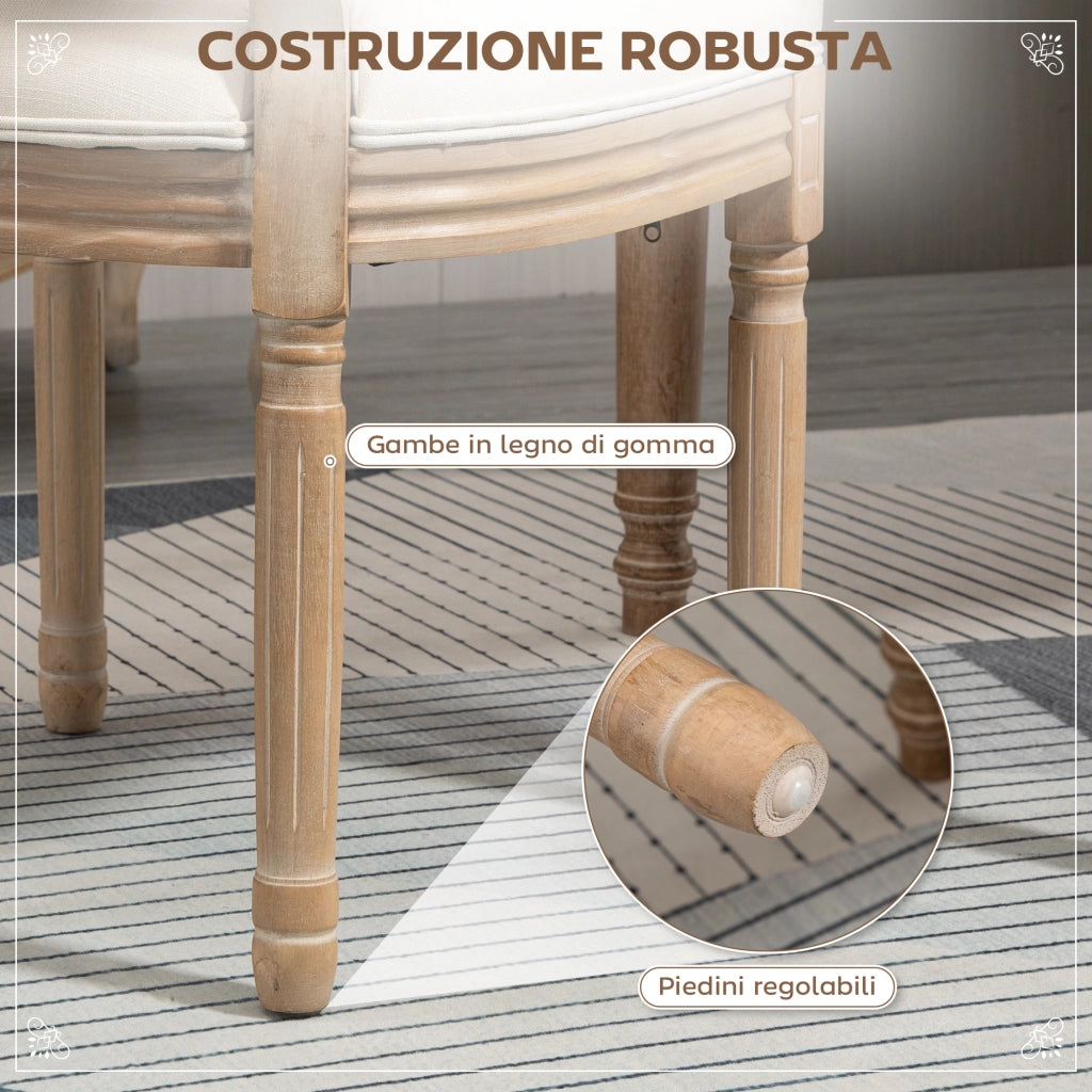 Set 2 Sedie per Soggiorno in Stile Vintage con Schienale Traforato, in Legno e Tessuto, 49x56x96cm, Bianco Crema