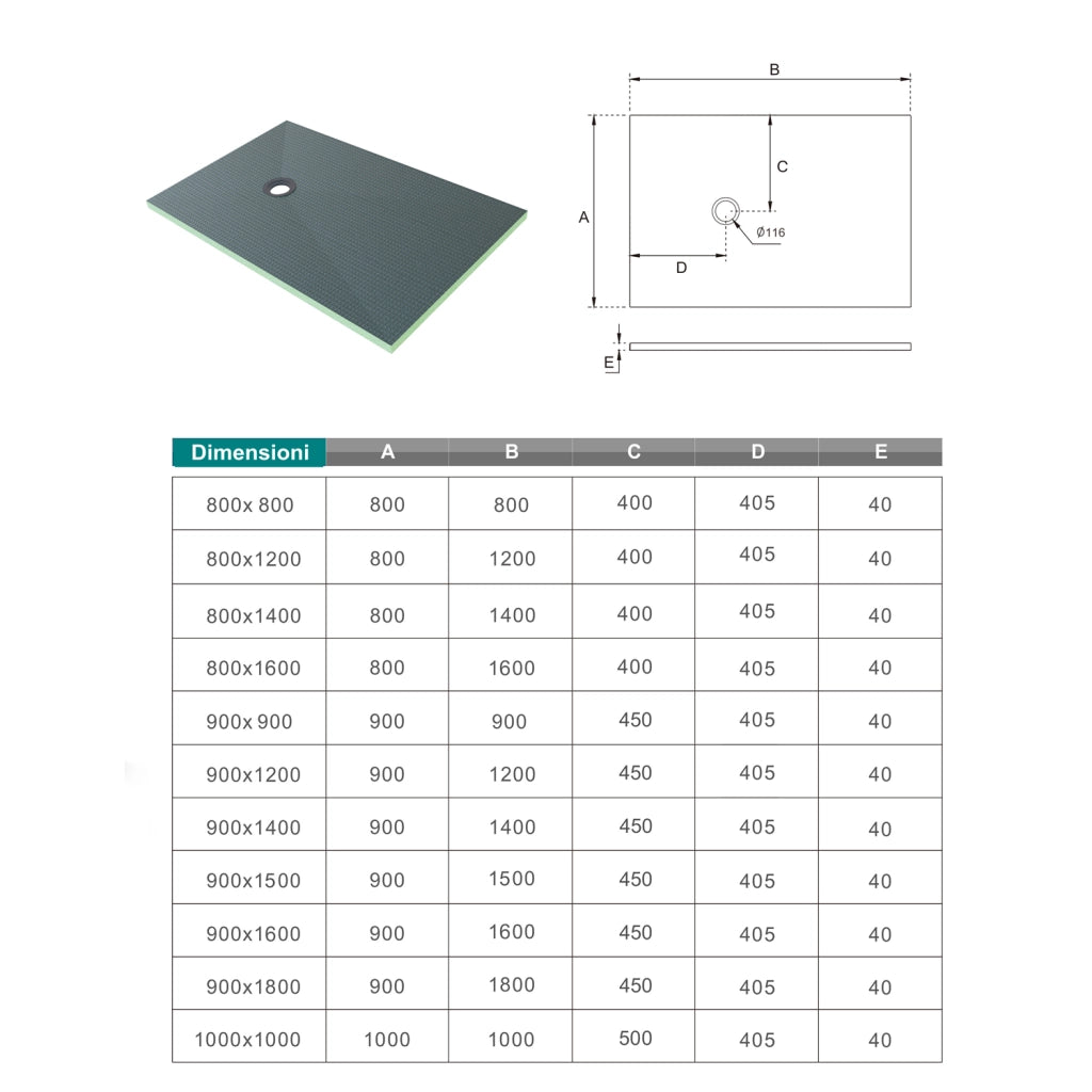 Piatto Doccia Pronto da Piastrellare in Estruso Rigida Polistirene Tagliabile Isolamento per Bagno Dimensione 90x180X4 cm Sifone Piletta incluso