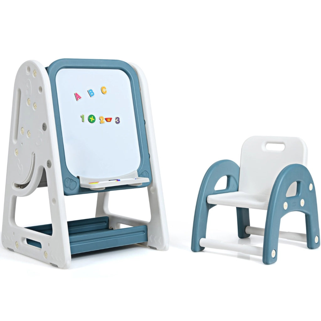 Cavalletto per dipingere 2 in 1 per bambini, Lavagna double face e libreria per bambini con sedia, Blu