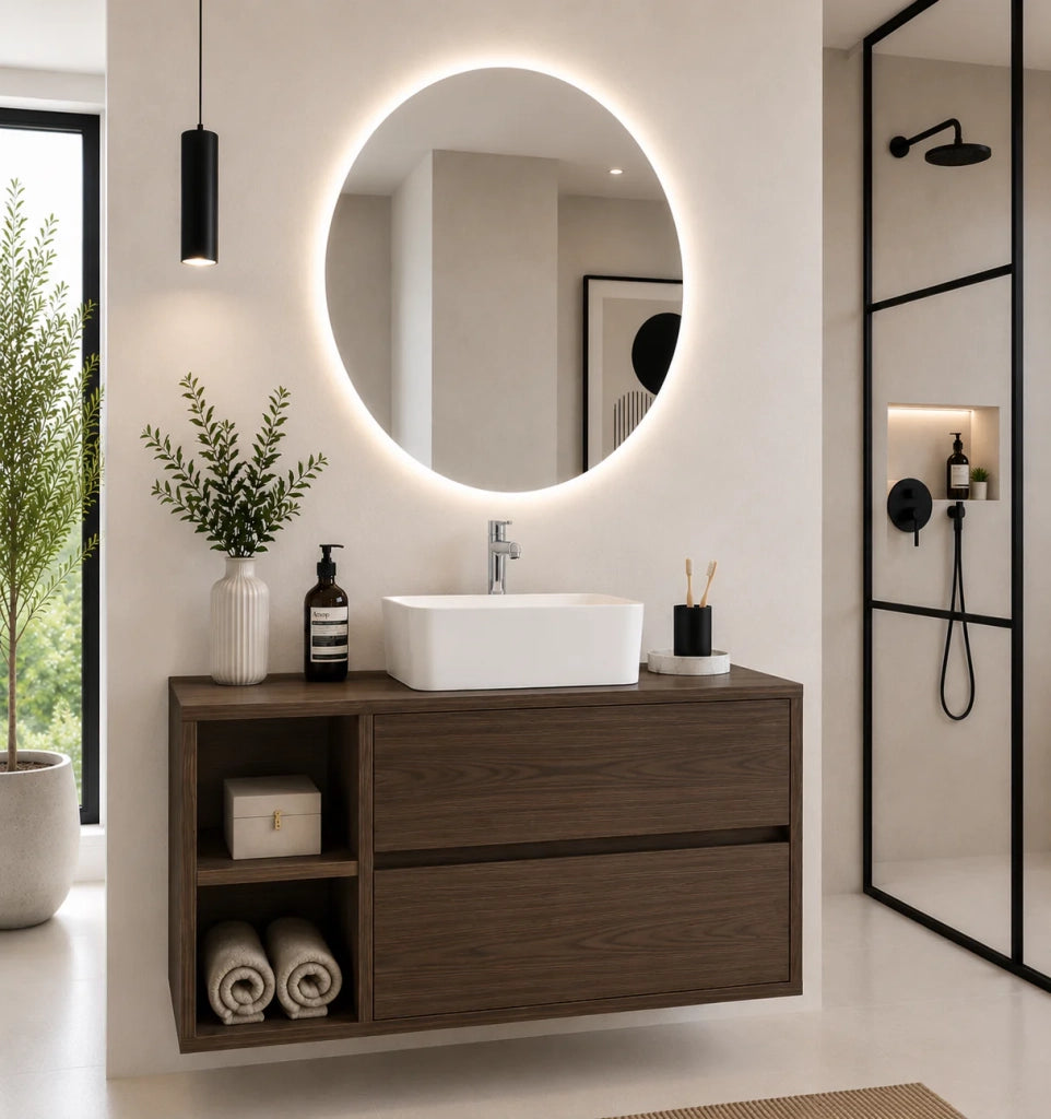 Mobile bagno con top in legno e lavabo da appoggio ORIGENBATH ZEUS senza specchio 90x45 cm Sinistra frassino tea