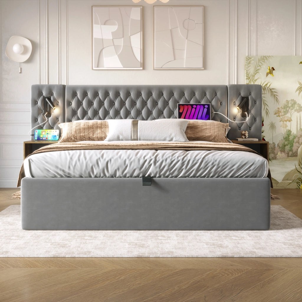 LETTO Contenitore 160x200 cm in Velluto Grigio con 2 Comodini