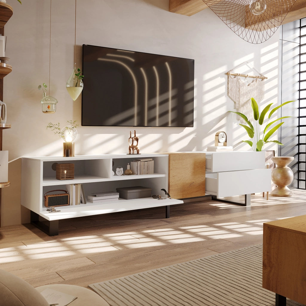 Cassettiera TV bianca e legno; in MDF; lunghezza 180 cm