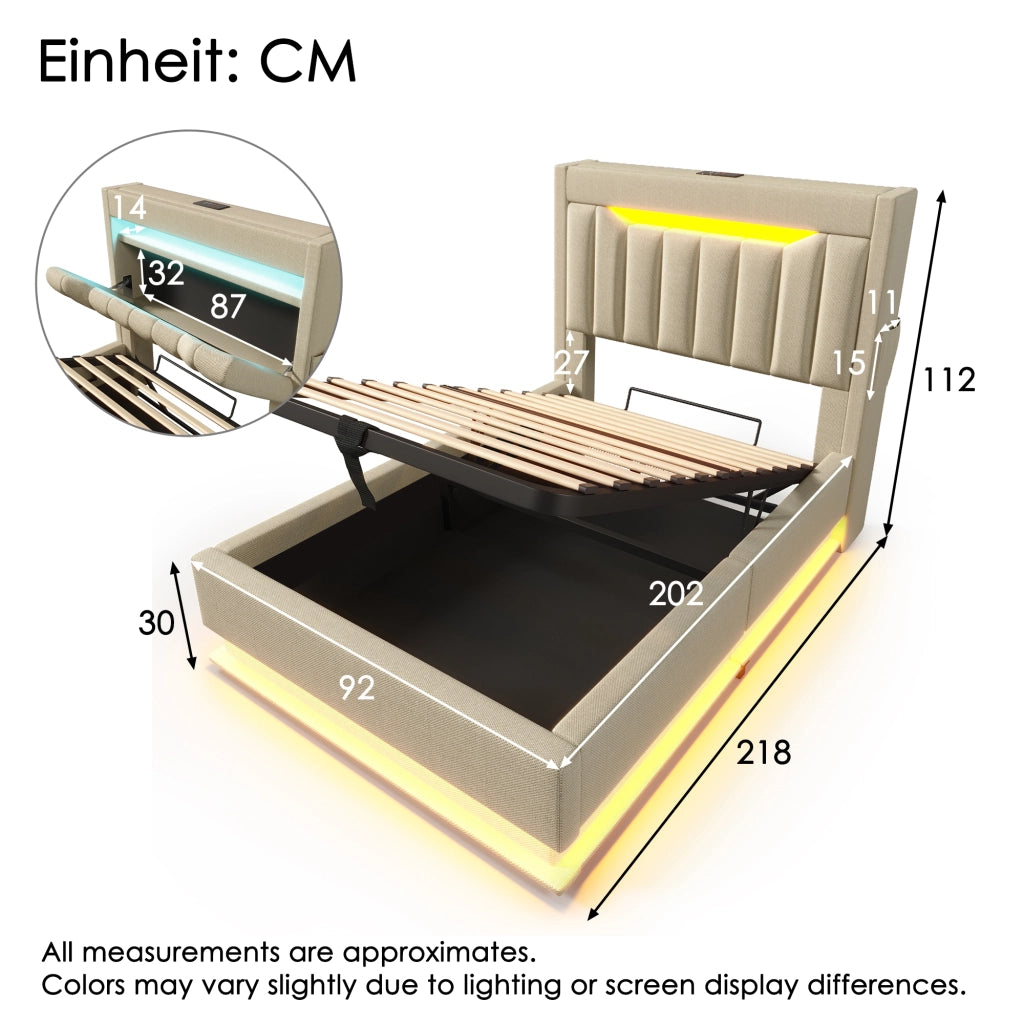 LETTO 90x200 cm Beige in Lino con LED e USB, con materasso incluso